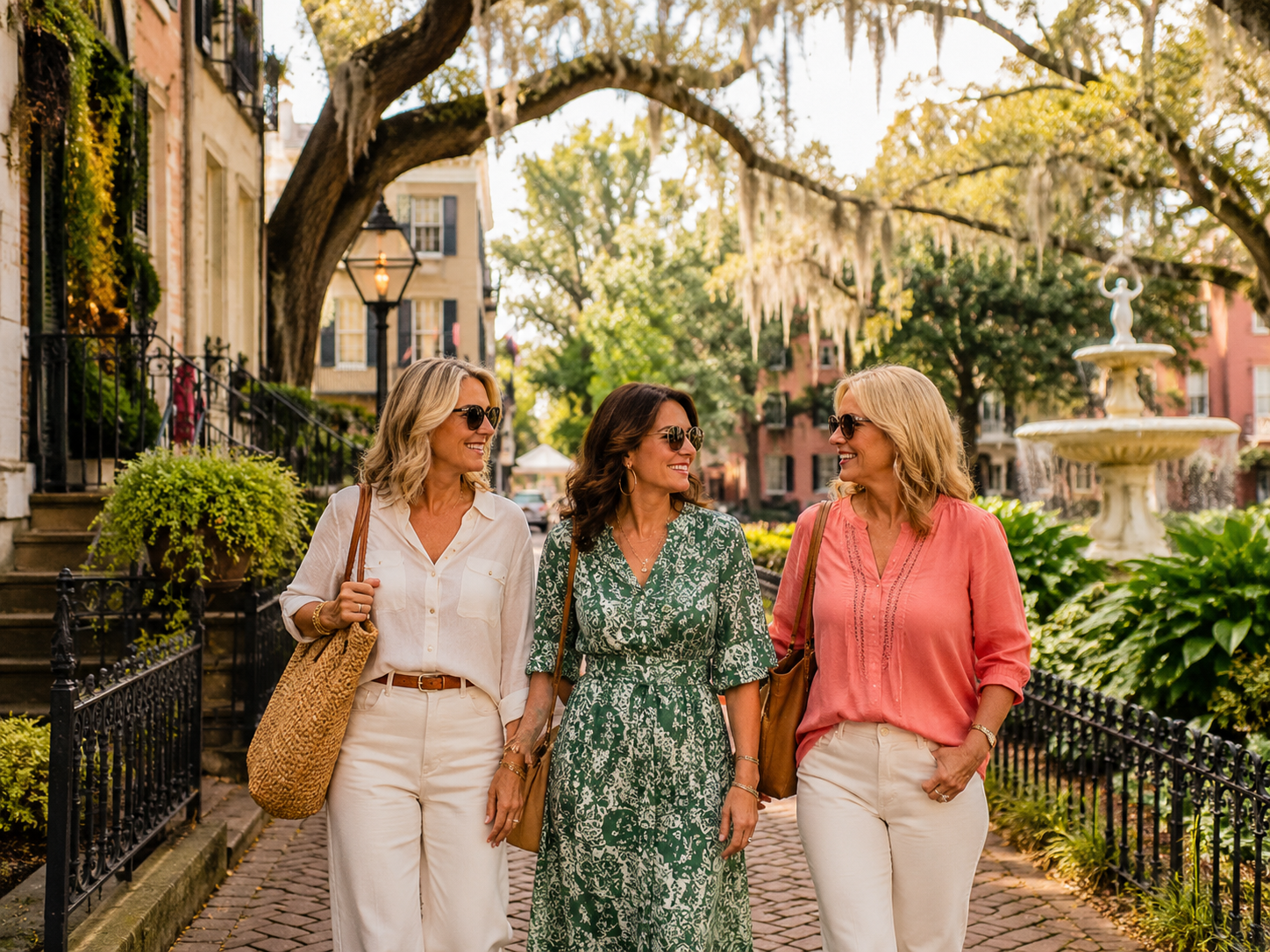 Women walking through a moss-draped square in Savannah, Georgia.