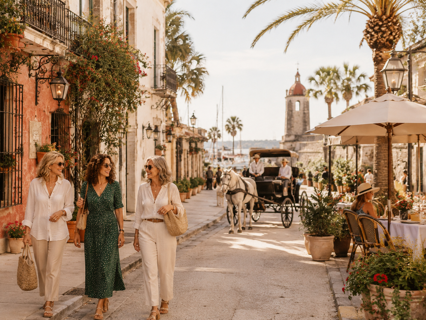 Women strolling a historic cobblestone street in St. Augustine, Florida, past a horse-drawn carriage.