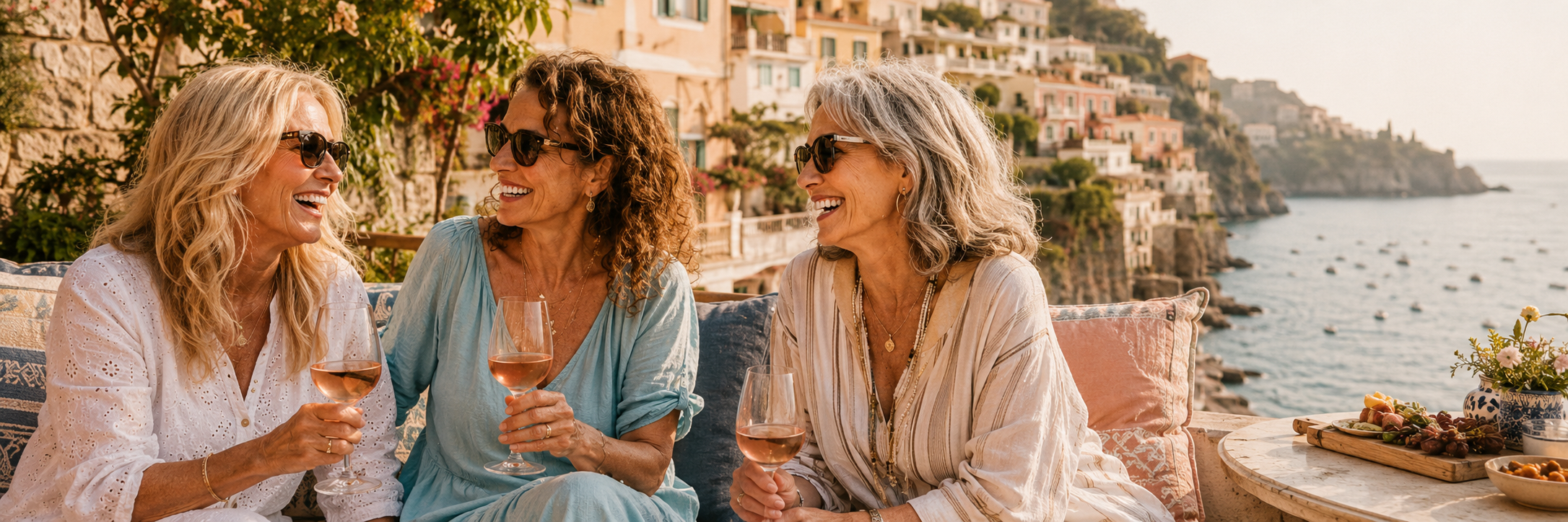 Three women laughing together over wine on a coastal terrace overlooking the Amalfi Coast.